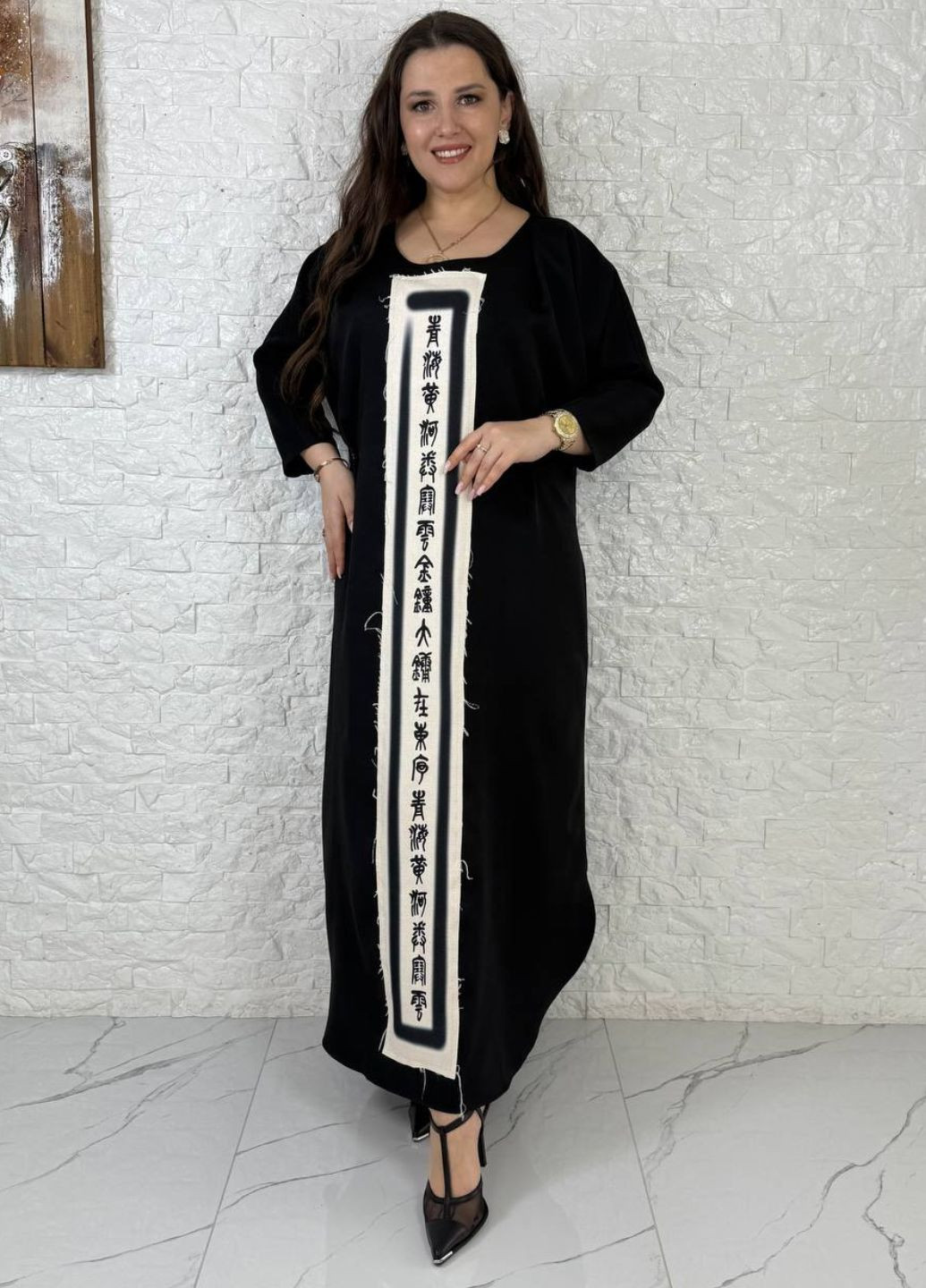 Чорна повсякденний вишукана вільна повсякденна максі сукня з орнаментом спереду та рукавами 3/4 Tik-Tak з орнаментом