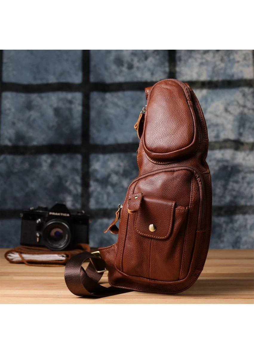 Удобная мужская сумка через плечо с карманами из натуральной кожи Vintage коричневая No Brand (352167736)