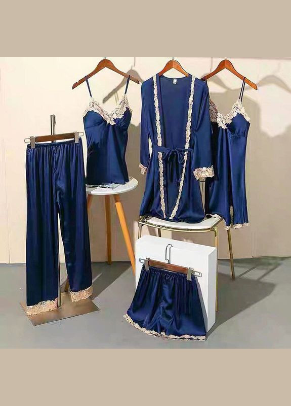 Синий демисезонный комплект пижамный домашний женский атласный анна с кружевом набор 5 в 1 белый No Brand Комплект піжамний 5 в 1 Anna