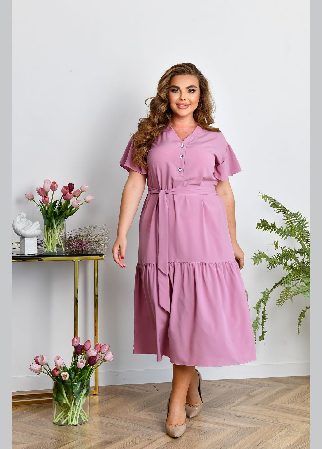 Розово-лиловое повседневный платье-рубашка с поясом рубашка No Brand однотонное