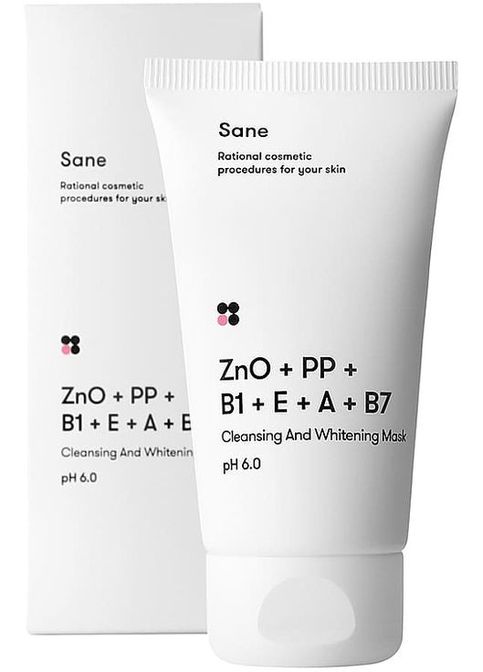 Очищувальна і відбілювальна маска з оксидом цинку і вітамінами РР, В1, Е, А, В7 Cleansing And Whitening Mask 75ml (673693-62) Sane (368643991)