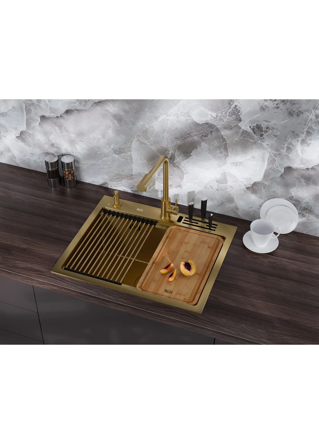 Кухонна мийка золота з нержавійки 1.5 мм багатофункціональна Nett NG-5747 (352261558)