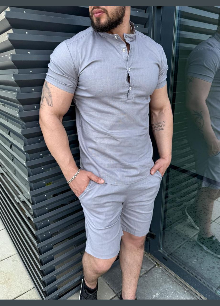 Сірий літній чоловічий лляний комплект на літо з сорочкою, з шортами Vakko