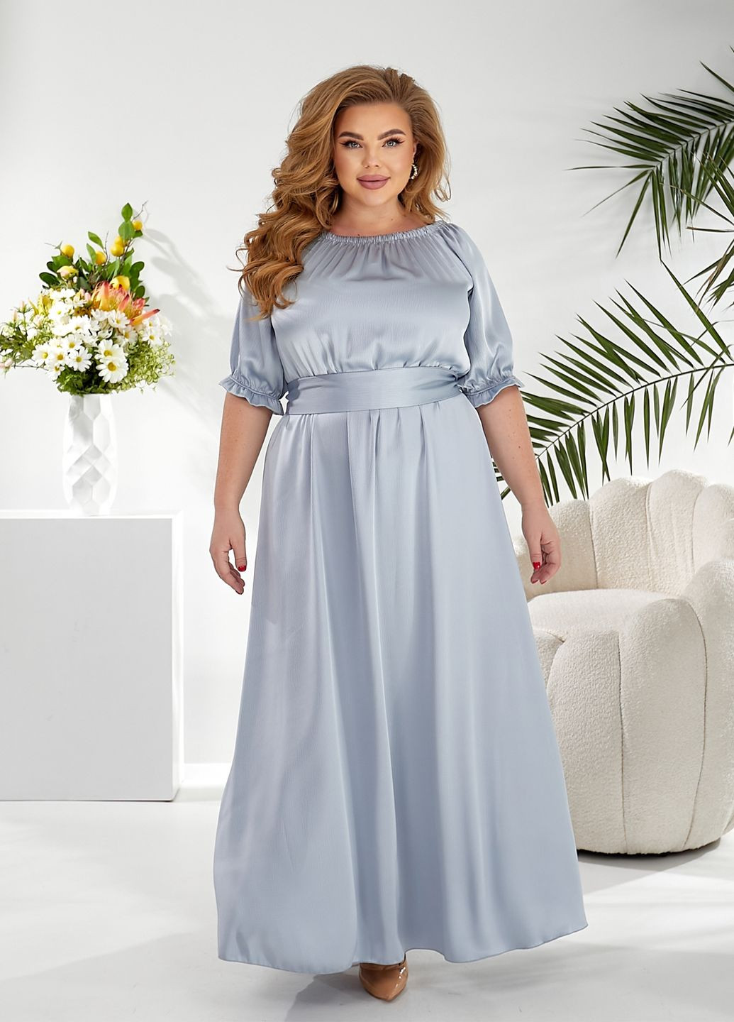 Блакитна святковий, коктейльна, вечірня шовкова максі-сукня кльош, а-силует, в стилі армпір No Brand однотонна