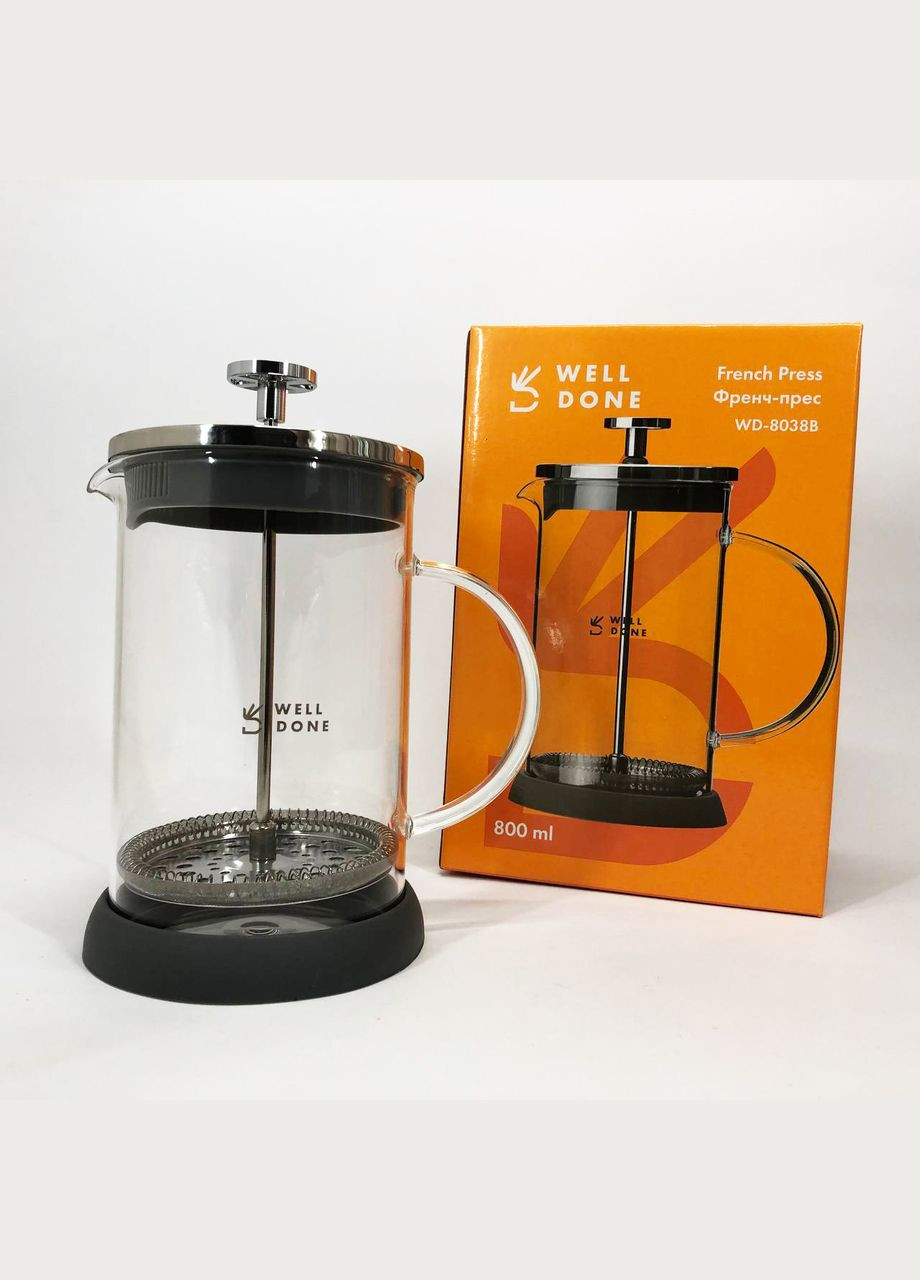 Френч-пресс WD-8038B из термостойкого стекла 800 мл, Необычный заварник для чая Well Done (364709720)