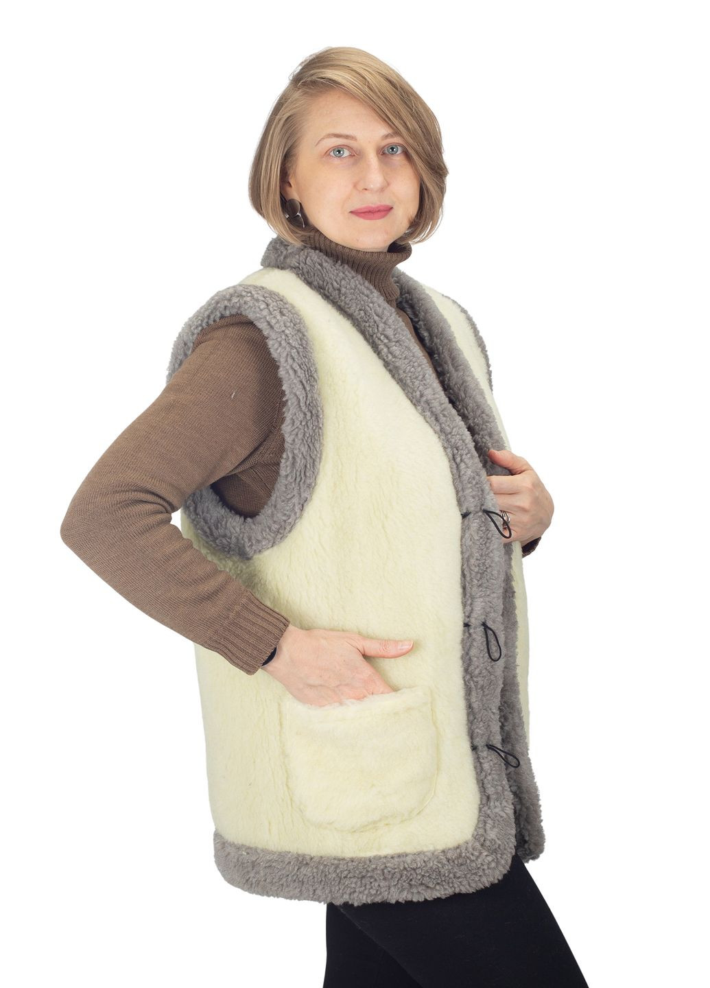 Жилетка женская теплая двухсторонняя из овчины бежевая с серым Olli (360406846)