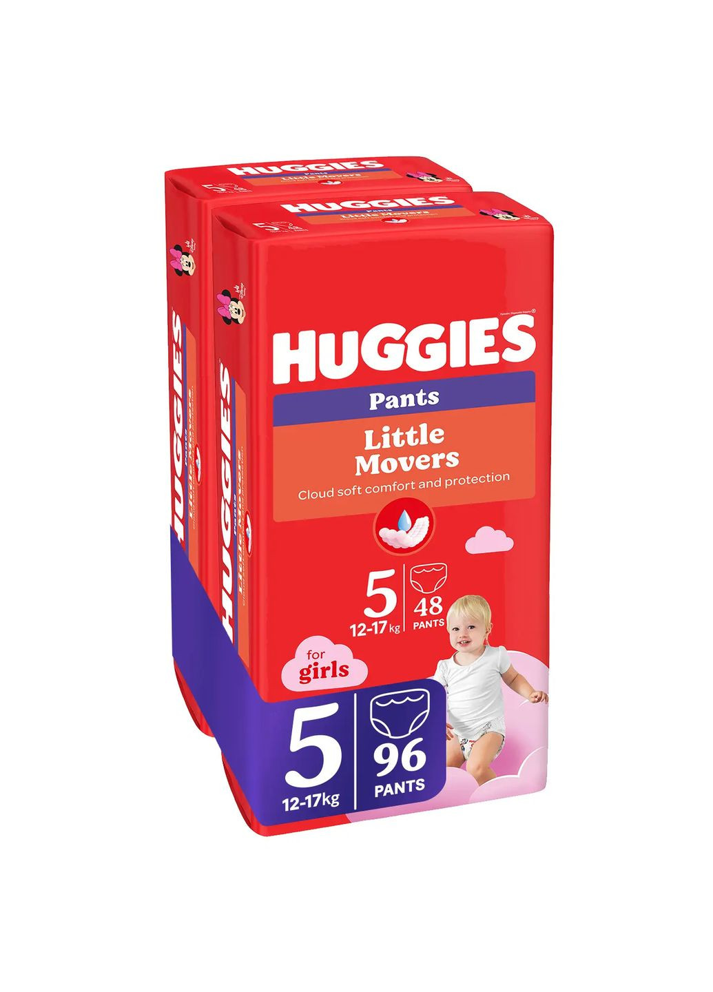 Набор подгузников-трусиков для девочек Little Movers Pants 5 (12-17 кг) Mega, 96 шт. (2 уп. по 48 шт.) Huggies (327223424)