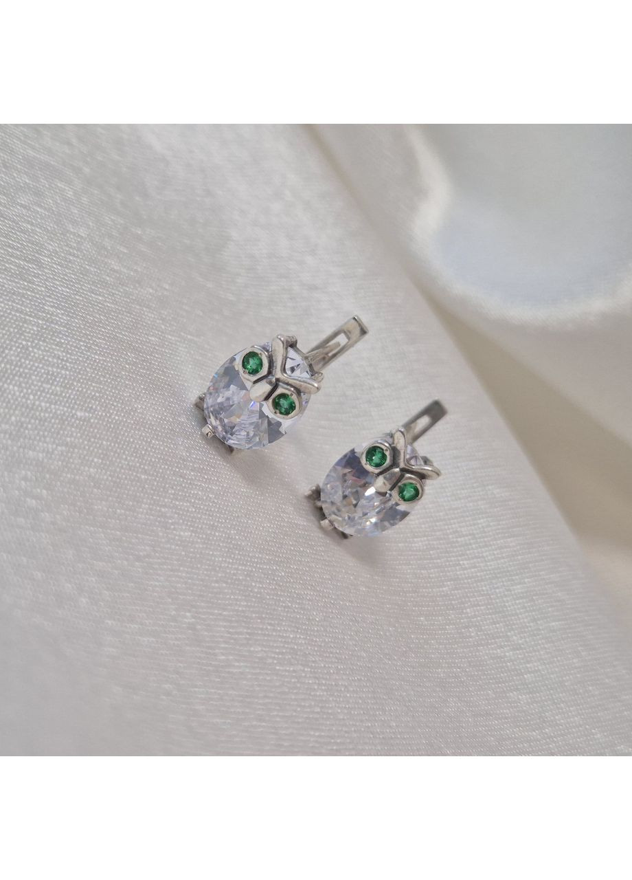 Срібні сережки Сови з білим камінням срібло 925 проби Чорнене 22018 3.12г No Brand (306741967)