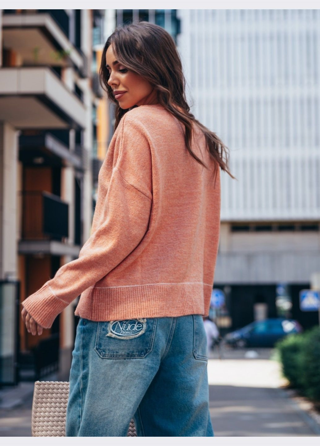 Персиковый демисезонный джемпер мелкой вязи персикового цвета Dressa