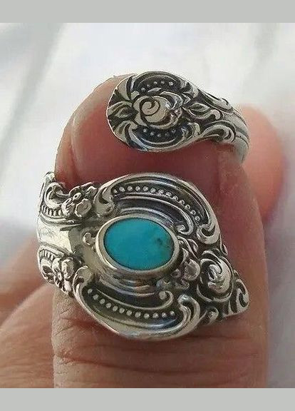 Стариное креативное женское кольцо безразмерное в виде Ретро Цветка с бирюзовым камнем серебристое Fashion Jewelry (294180807)