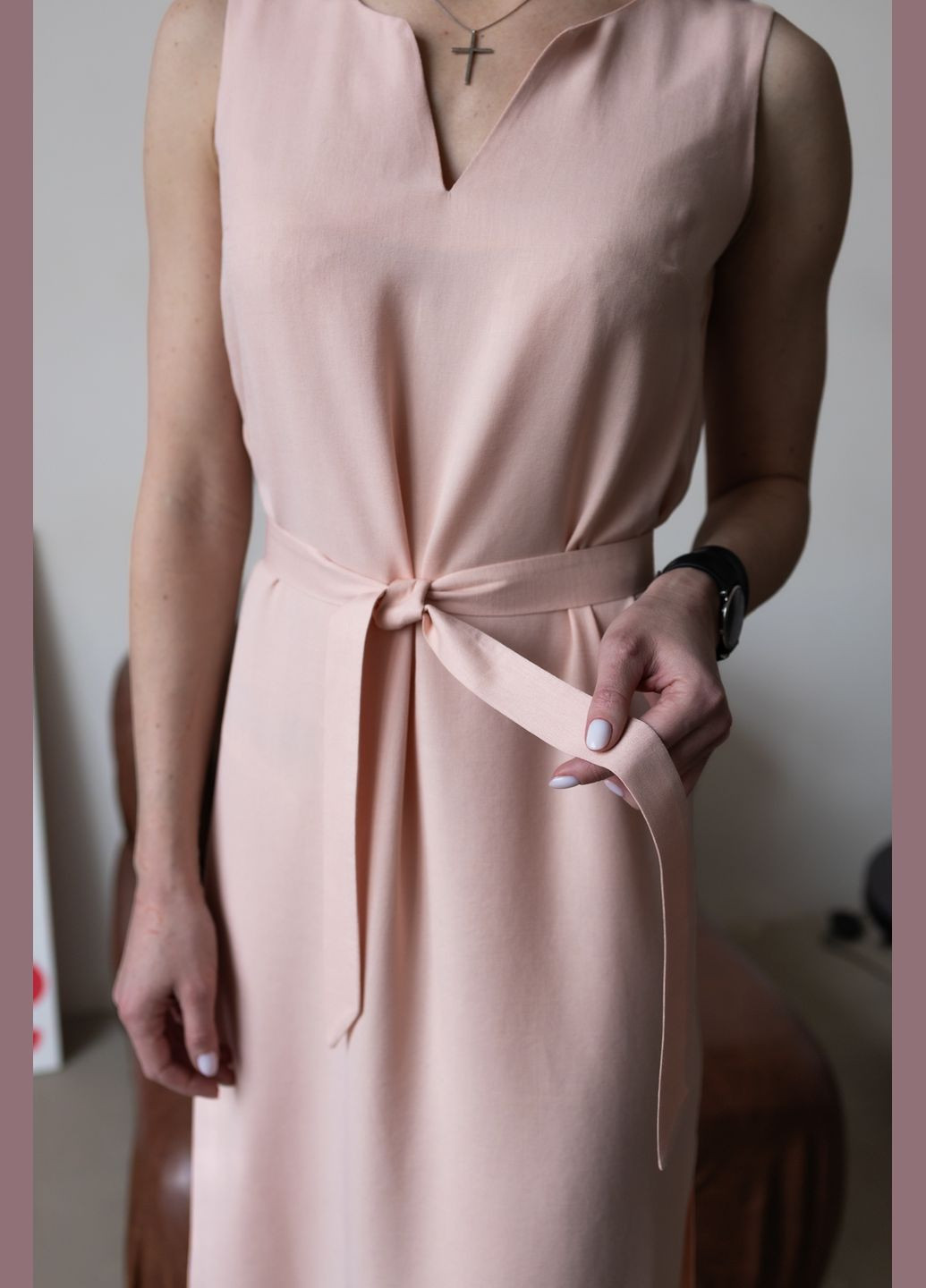 Персикова повсякденний, святковий, коктейльна довга сукня з льону персикова а-силует, з відкритими плечима Capricious однотонна