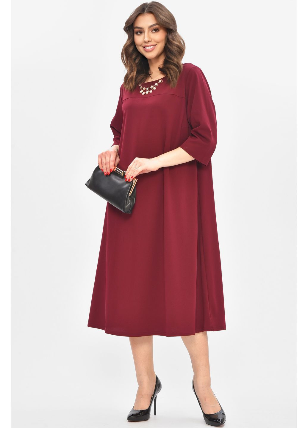 Бордова повсякденний сукня жіноча напівбатальна бордового кольору з баскою Let's Shop однотонна