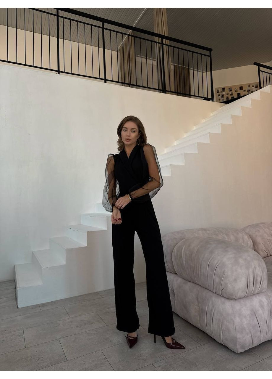 Комбенизон Україна комбинезон-брюки чёрный праздничный, коктейльный, повседневный, деловой, кэжуал, денил, вечерний креп-дайвинг