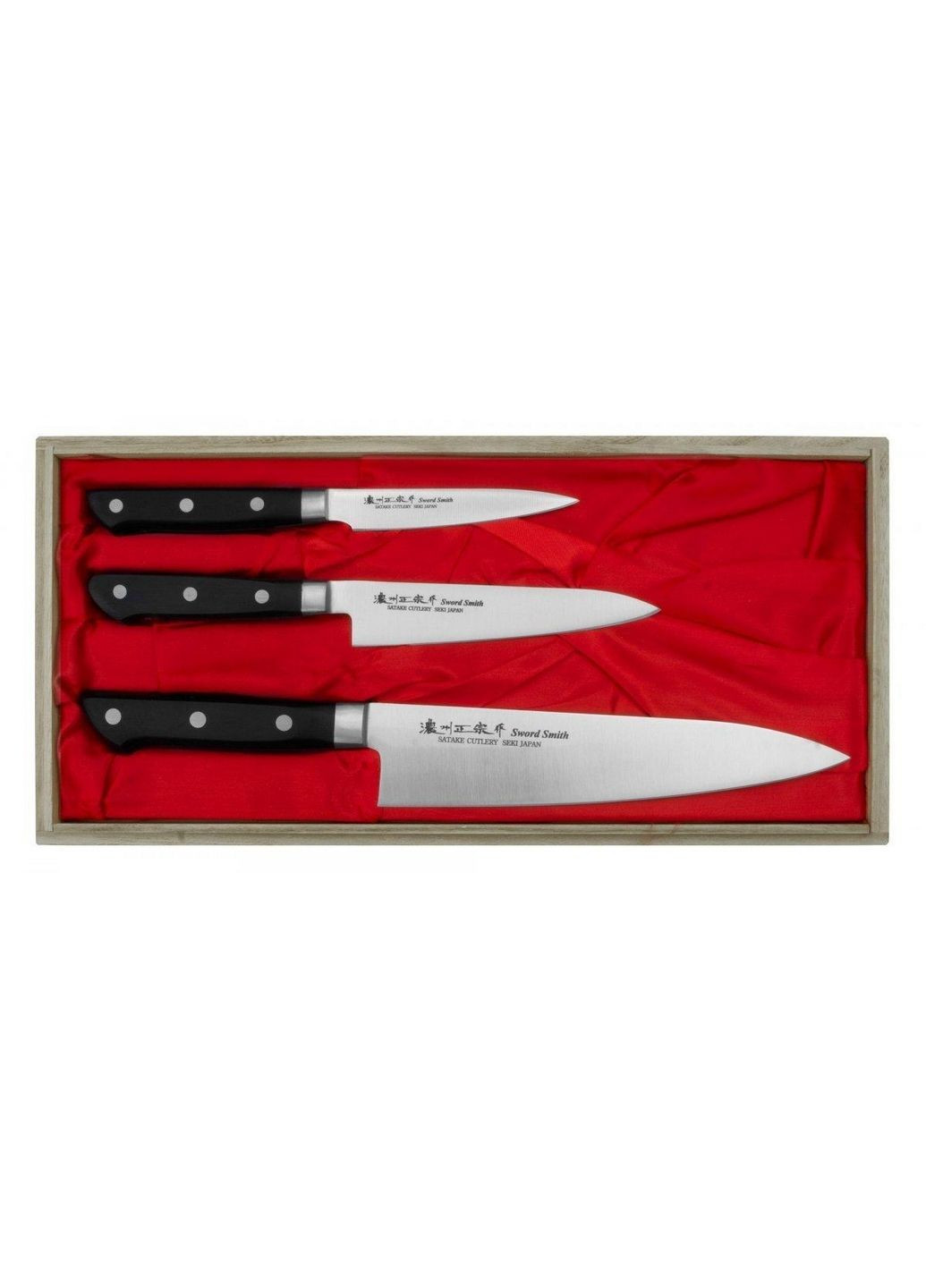 Набір з 3-х кухонних ножів у подарунковій коробці Satoru 10 см, 13,5 см, 21 см Satake чорний,