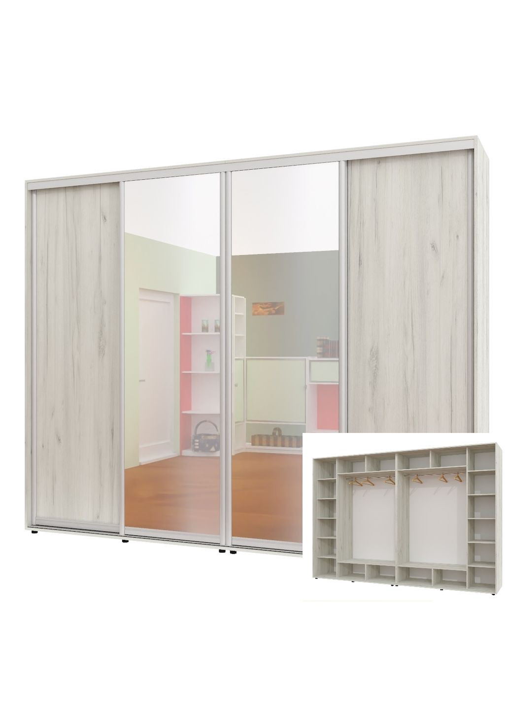 Шафа-купе чотиридверна 320*60*220 см Дуб крафт білий 4 двері ДСП + Дзеркало + Дзеркало + ДСП ШК-02 Алекса (360478522)