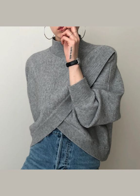 Серый демисезонный ассиметричный свитер 110634 серый No Brand