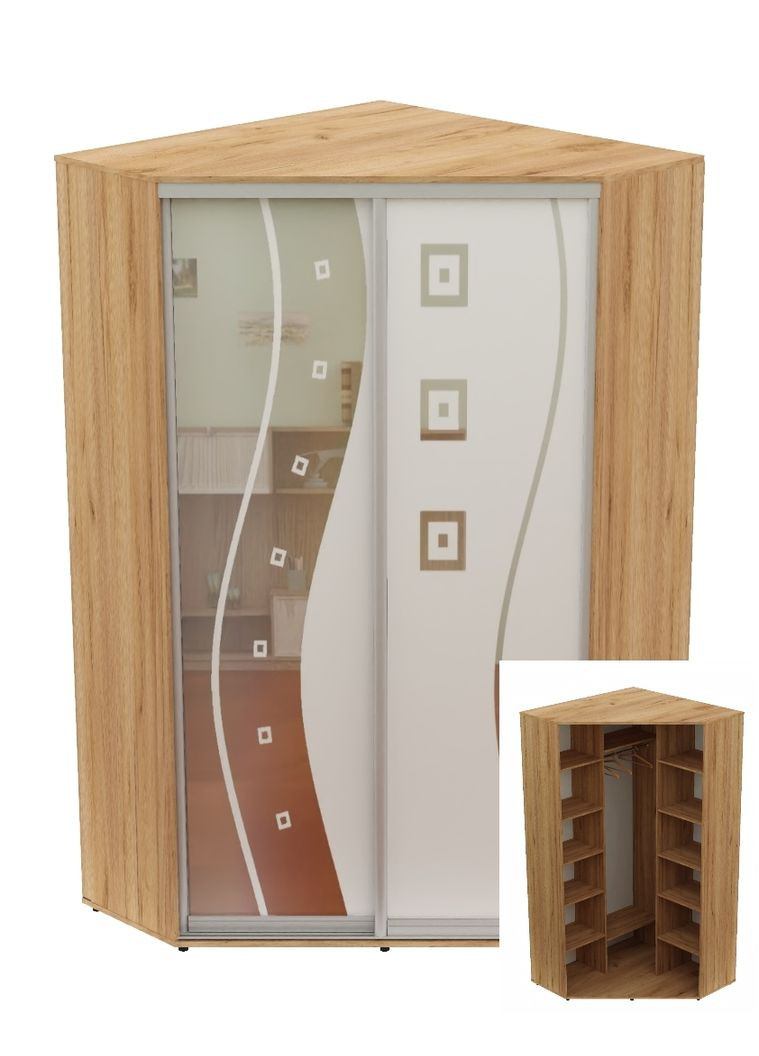 Шафа-купе дводверна кутова 120*120*250 Дуб крафт золотий Дзеркало з піскострумним малюнком Угол-2 Алекса (360436052)