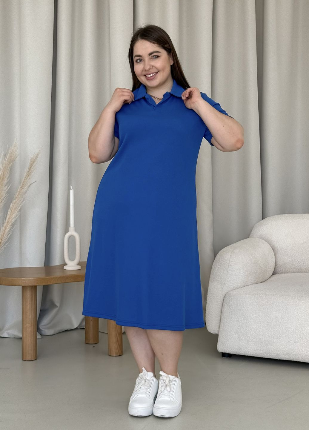 Индиго пляжное, повседневный, кэжуал летнее свободное платье-поло а-силуэтная в рубчик с короткими рукавами платье-футболка, поло Merlini однотонное