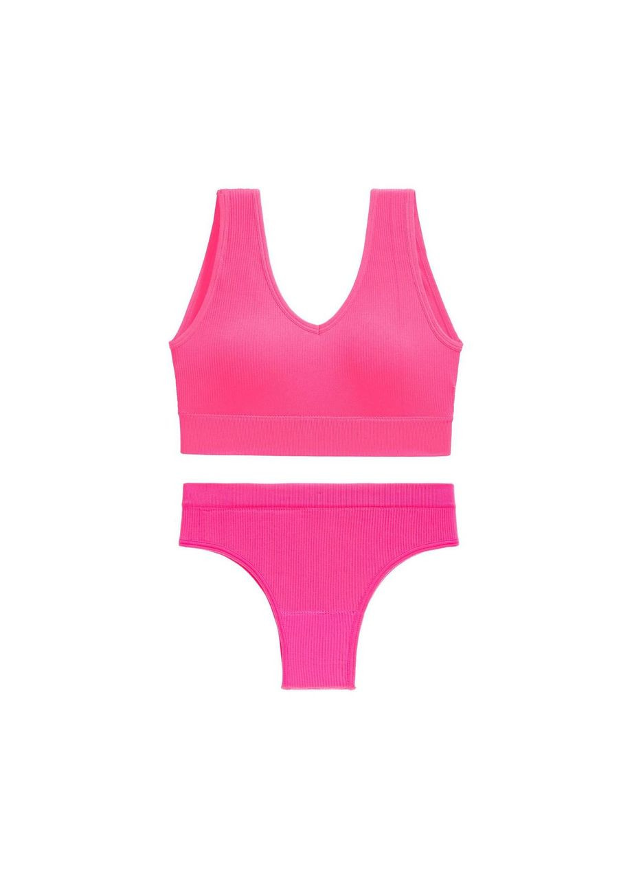 Розовый комплект белья в рубчик бюст широкие бретели трусы бразилианы No Brand