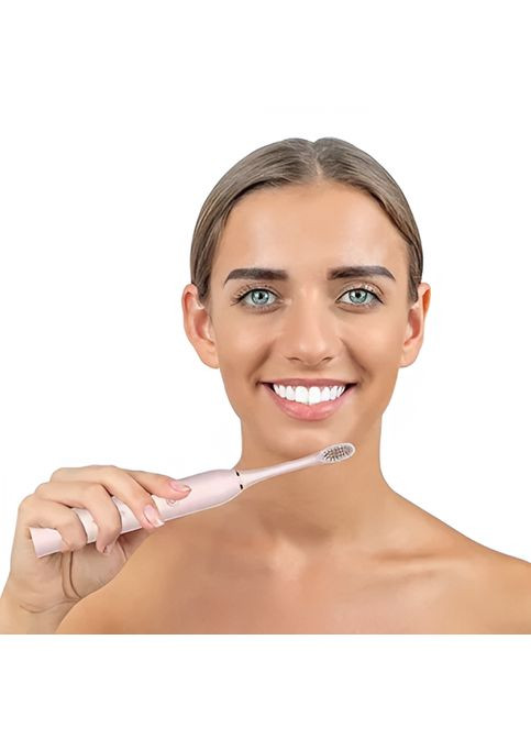 Ультразвукова зубна щітка на акумуляторі з 4 насадками 6 режимами роботи та USB зарядкою Рожева No Brand (350891019)