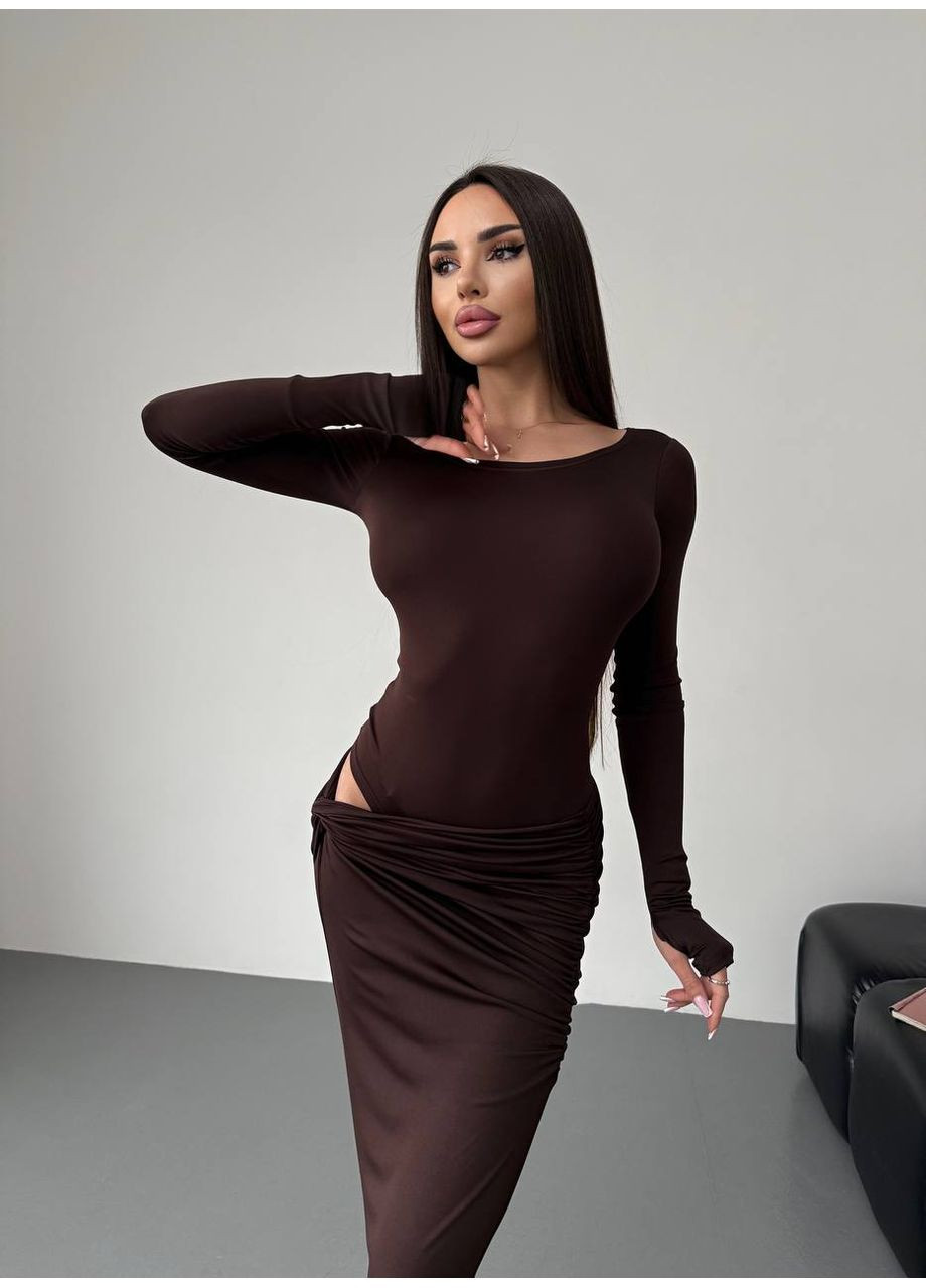 Жіночий вечірній костюм (боді+спідниця максі) коричневого кольору 35931 Fashion (368765740)
