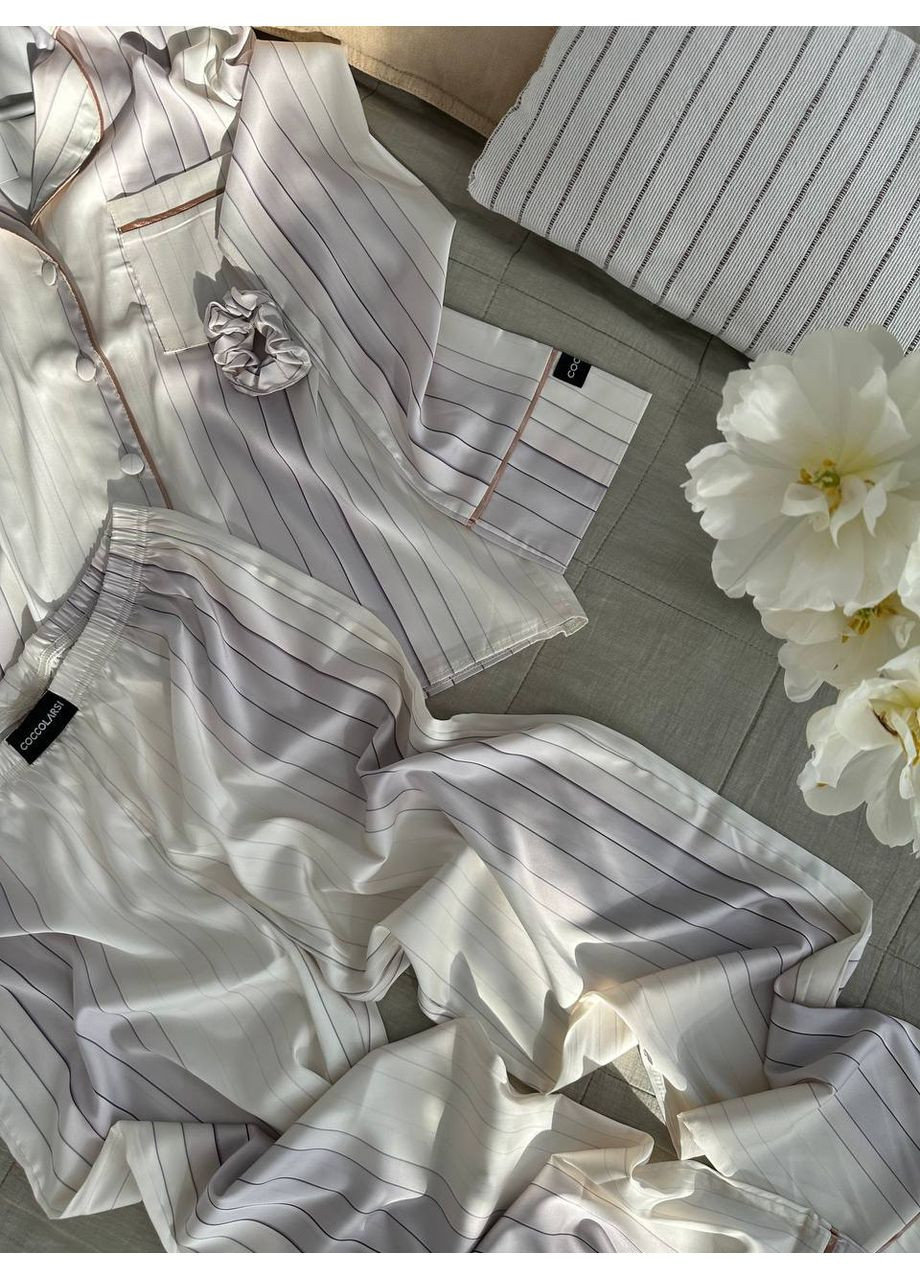 Белая всесезон женская пижама | белая с кантом рубашка + брюки Vital-Textile 1270