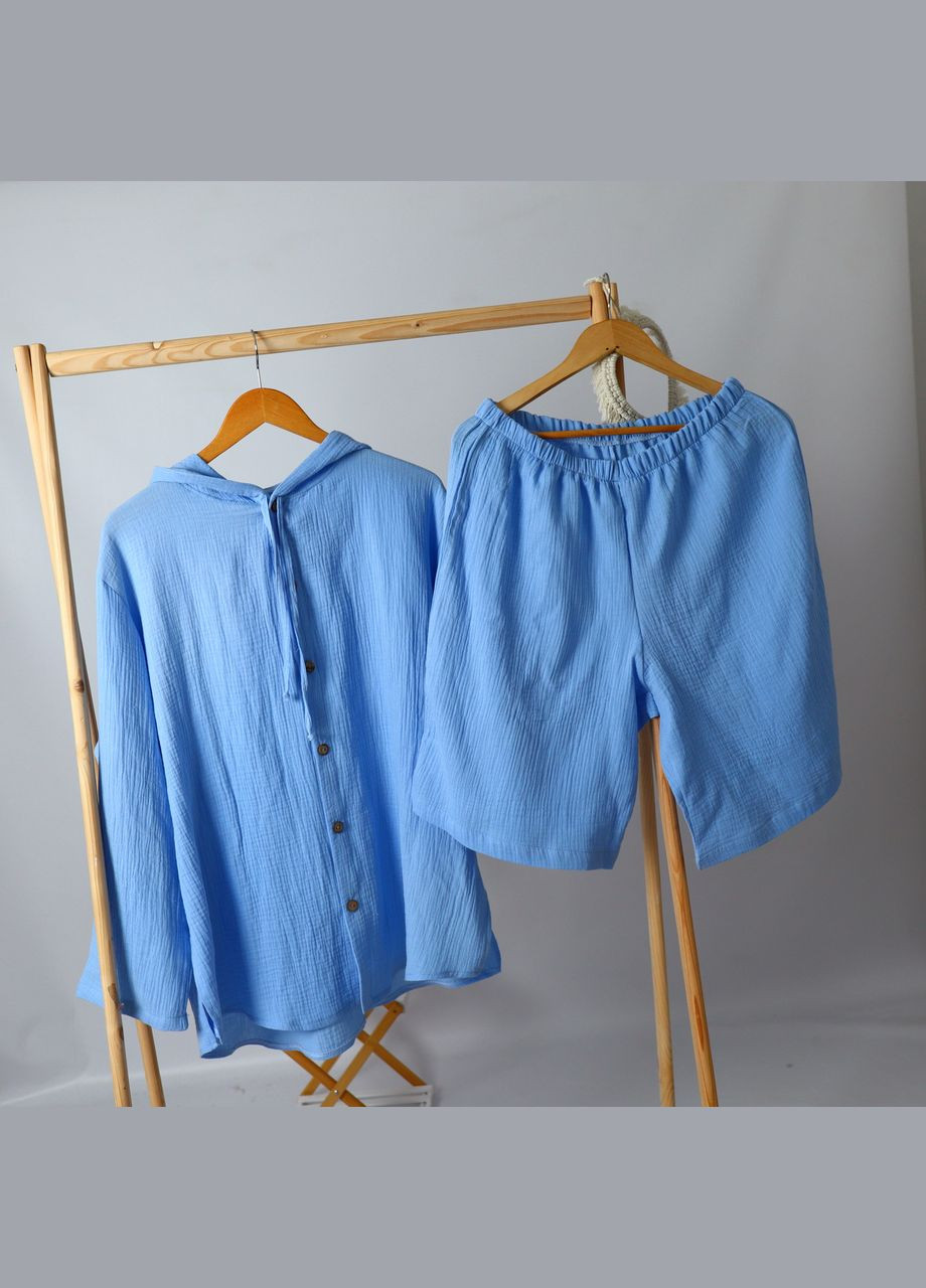 Блакитний літній чоловічий літній мусліновий блакитний костюм (туніка з капюшоном+ шорти) mrou з шортами No Brand