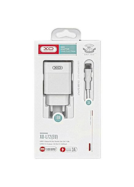 Зарядное устройство QC 3.0 L72 30W (18W/1USB + 2.4A/2 USB) + Кабель Type C White XO (362915927)