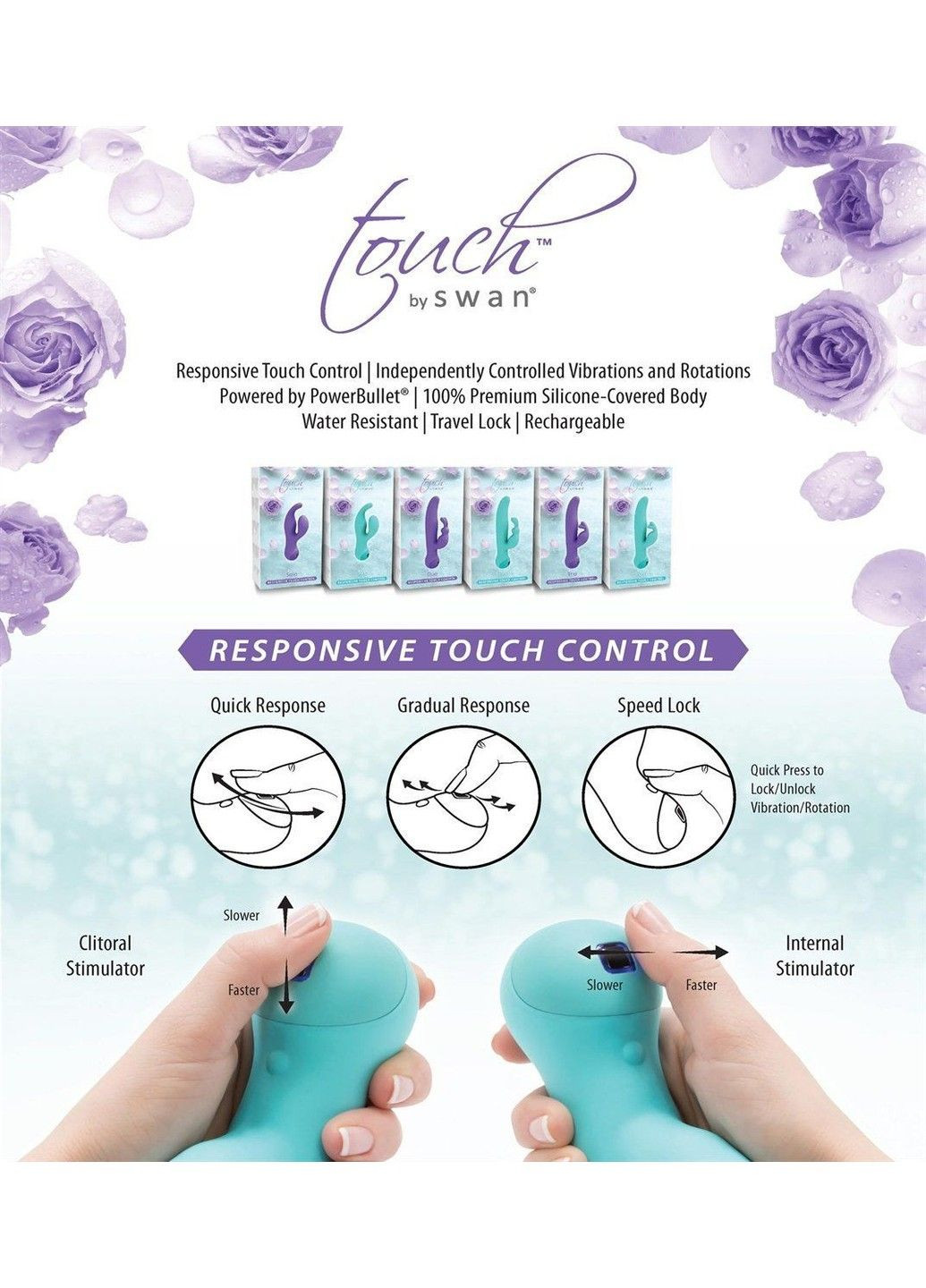 Вібратор-кролик з сенсорним управлінням і ротацією Touch by - Duo Purple, глибока вібрація Swan (333333166)