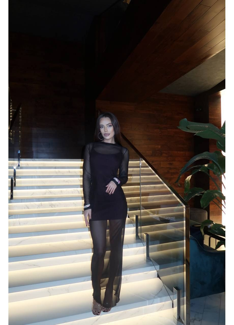 Чорна святковий, коктейльна, вечірня жіноча силуетна сукня з прозорою накидкою силуетна Avanti однотонна