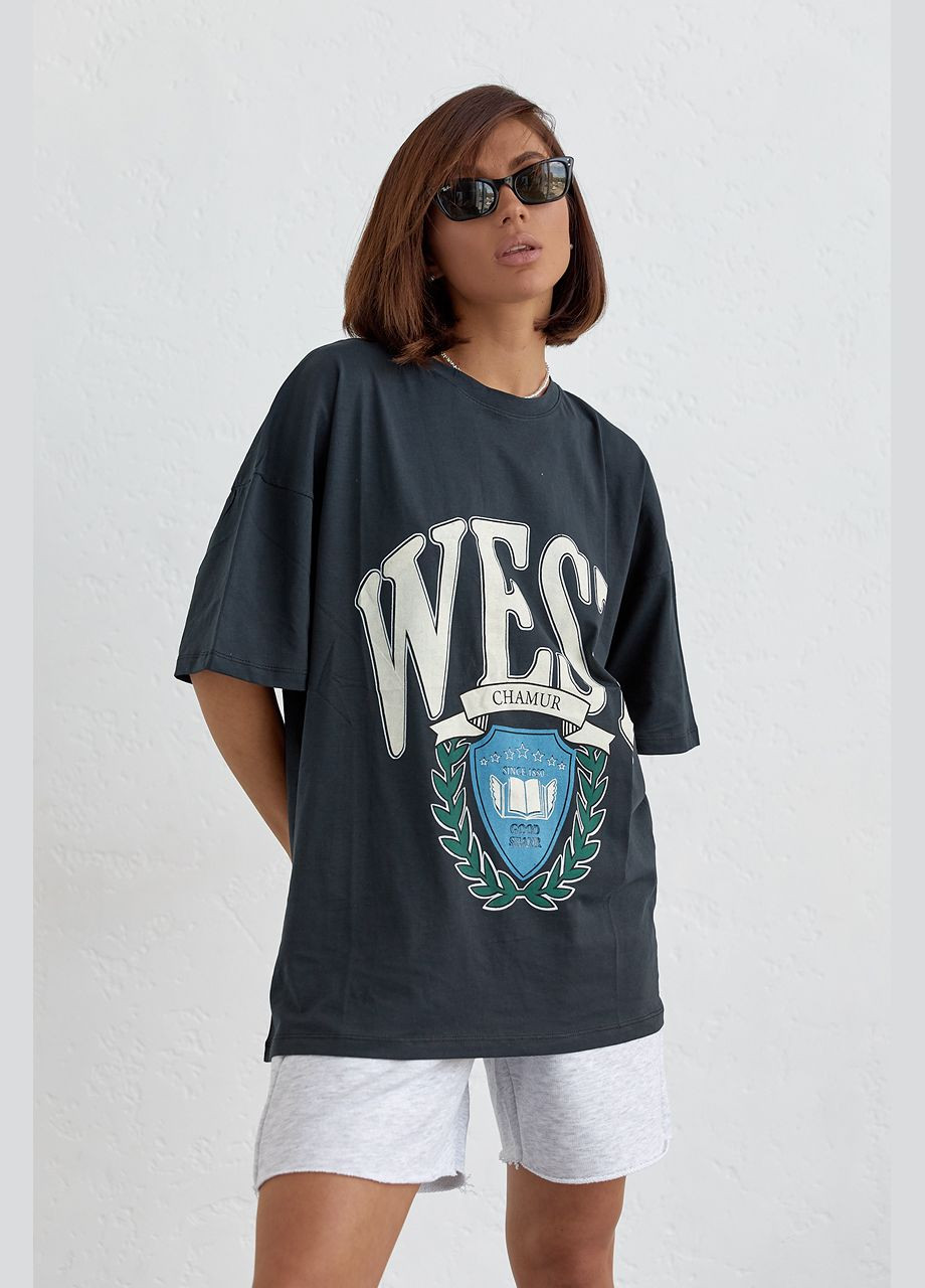 Чорна літня бавовняна футболка оверсайз з написом west 24224 з коротким рукавом Lurex