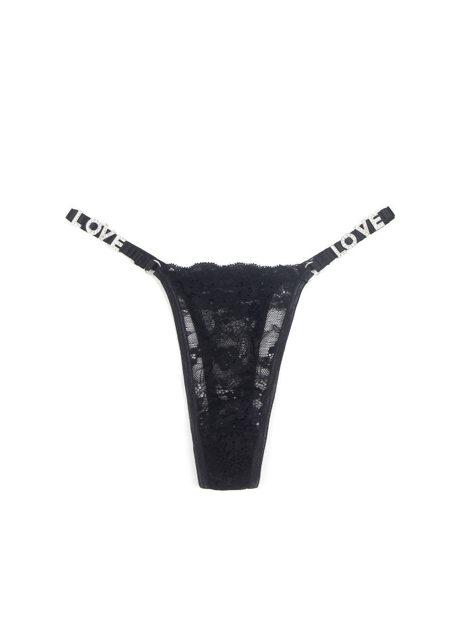 Стринги кружевные Star Night с декором стразами Love,черные, S No Brand (330617935)