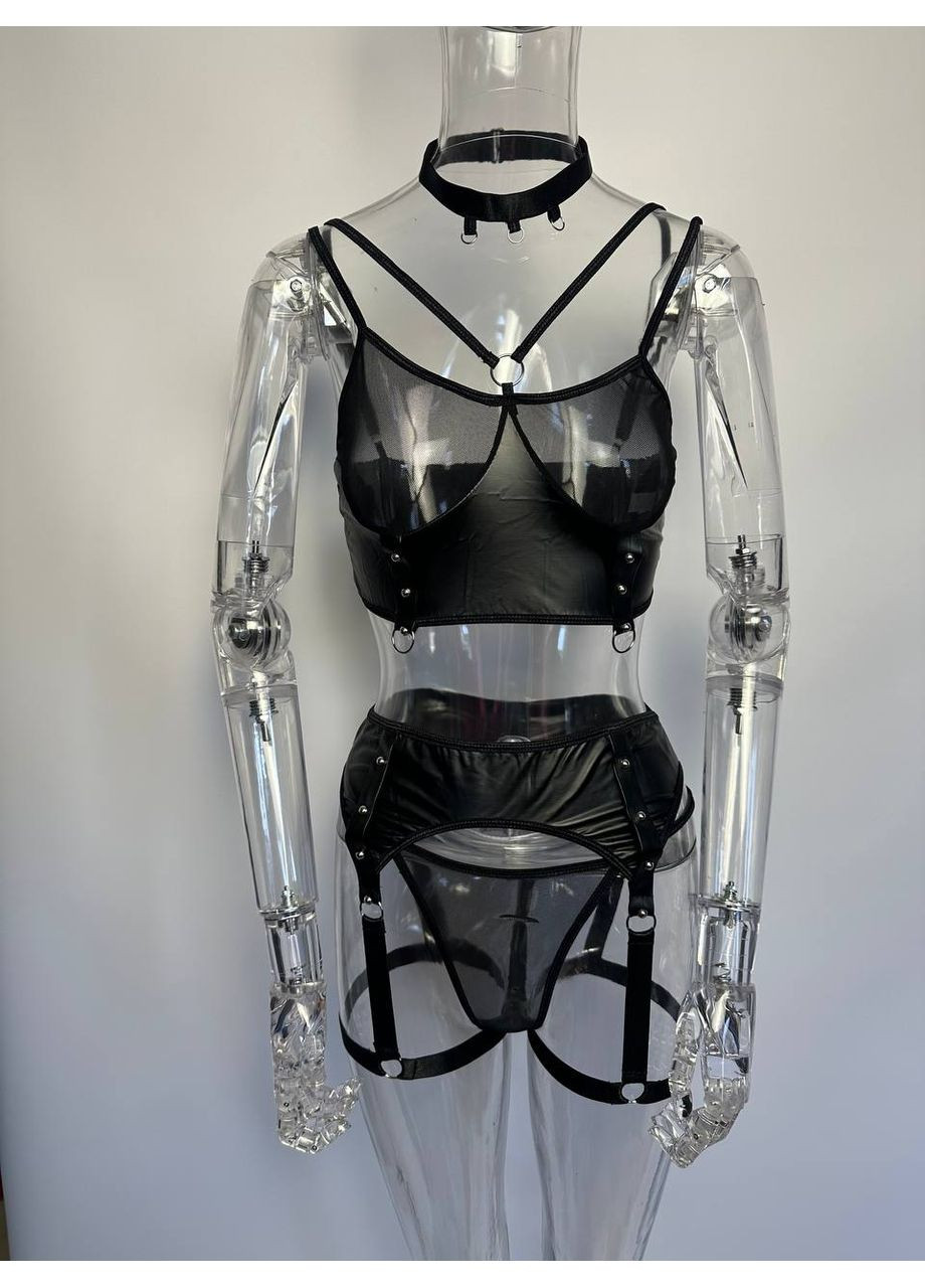 Черный демисезонный комплект женского нижнего белья соблазнительный набор бюстгальтер трусики пояс с гартерами черный 42-46 No Brand Ksenia