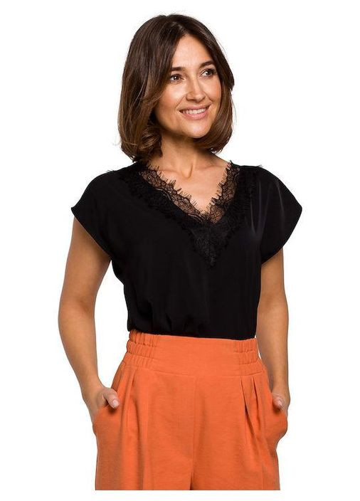 Чорна жіноча блузка з вирізом та мереживом Fashion Girl