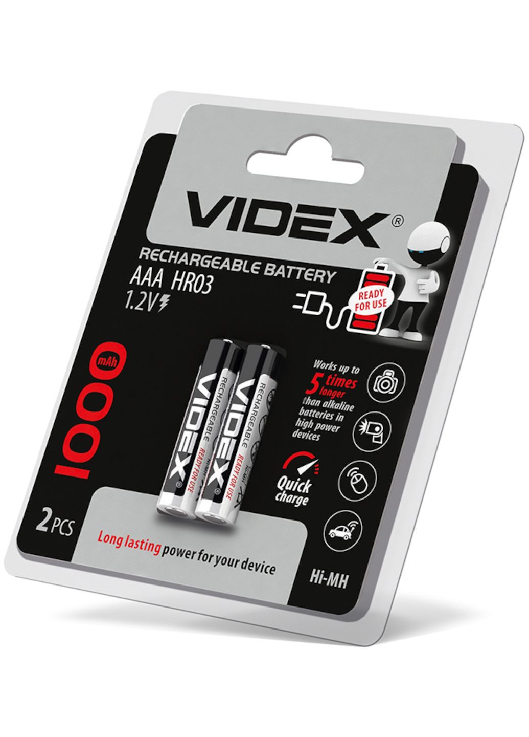Минипальчиковые аккумуляторы ААА 1000 mAh 1.2 В Ni-MH (2 шт.) Videx Rechargeable Battery (361222372)