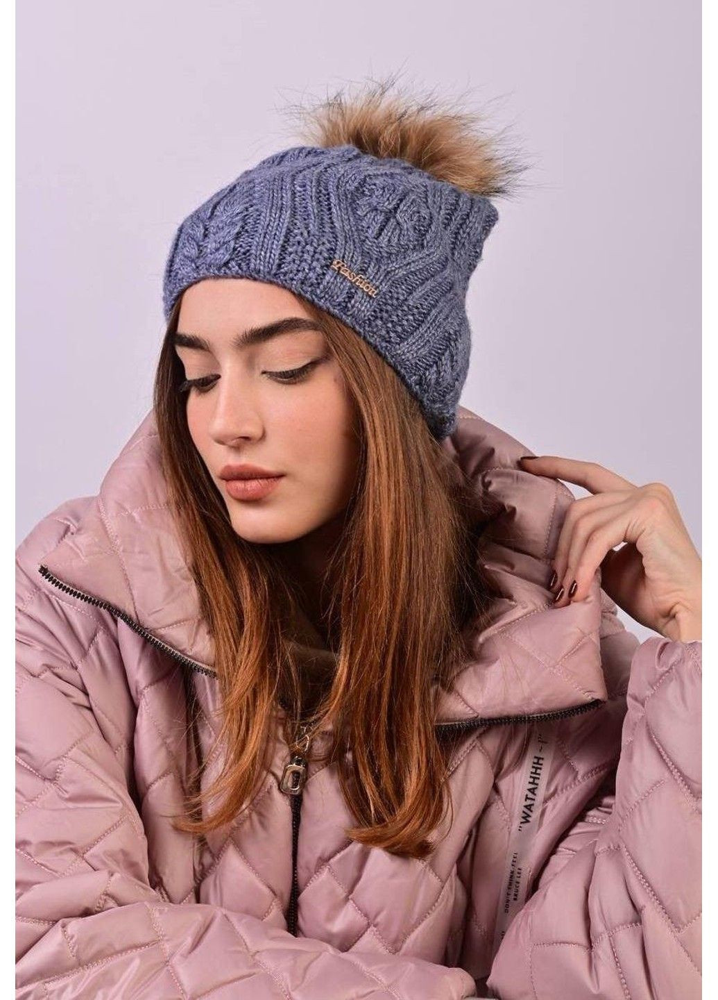 Шапка женская Fashion на флисе с помпоном узор голубой Fancy (306442590)