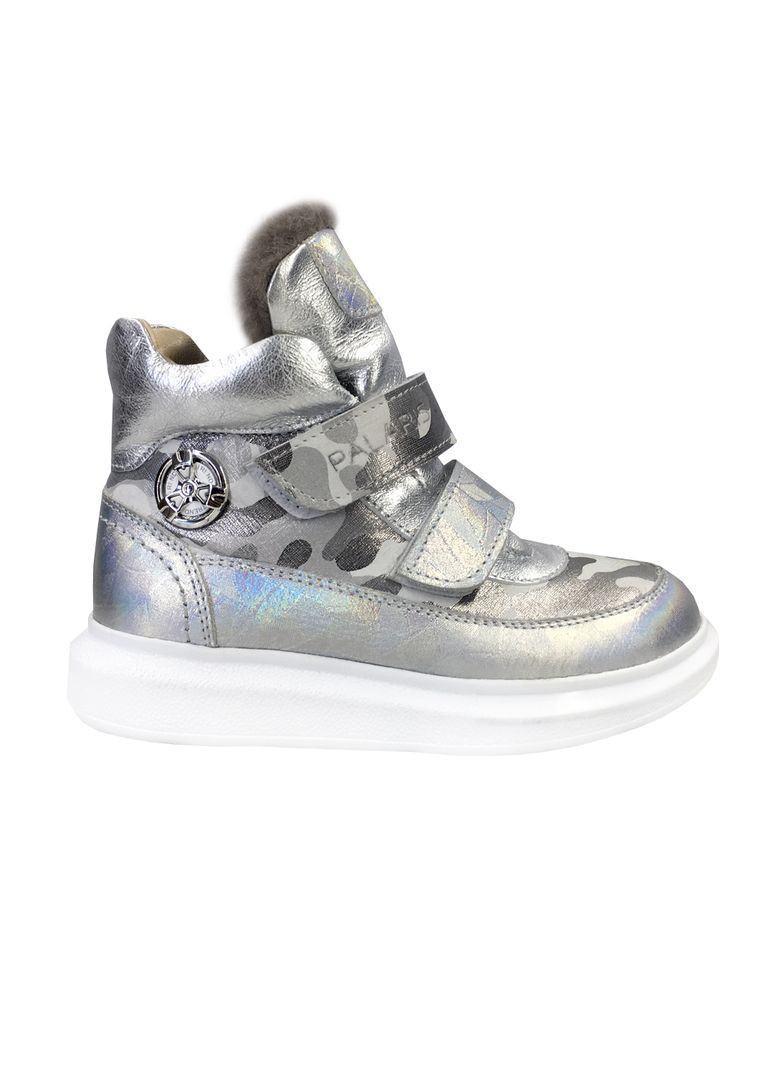 Серебряные спортивные, повседневные, джинсовые, кэжуал зимние ботинки детские зимние серебристые кожаные.на липучках. Palaris