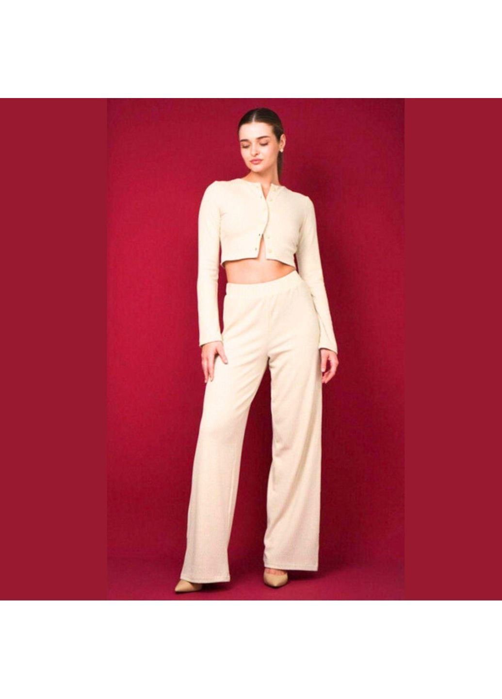 Костюм трикотажный в рубчик ТAPE22 кофта-топ на пуговицах и брюки прямого кроя Бежевый ТAPE22 No Brand (362376237)