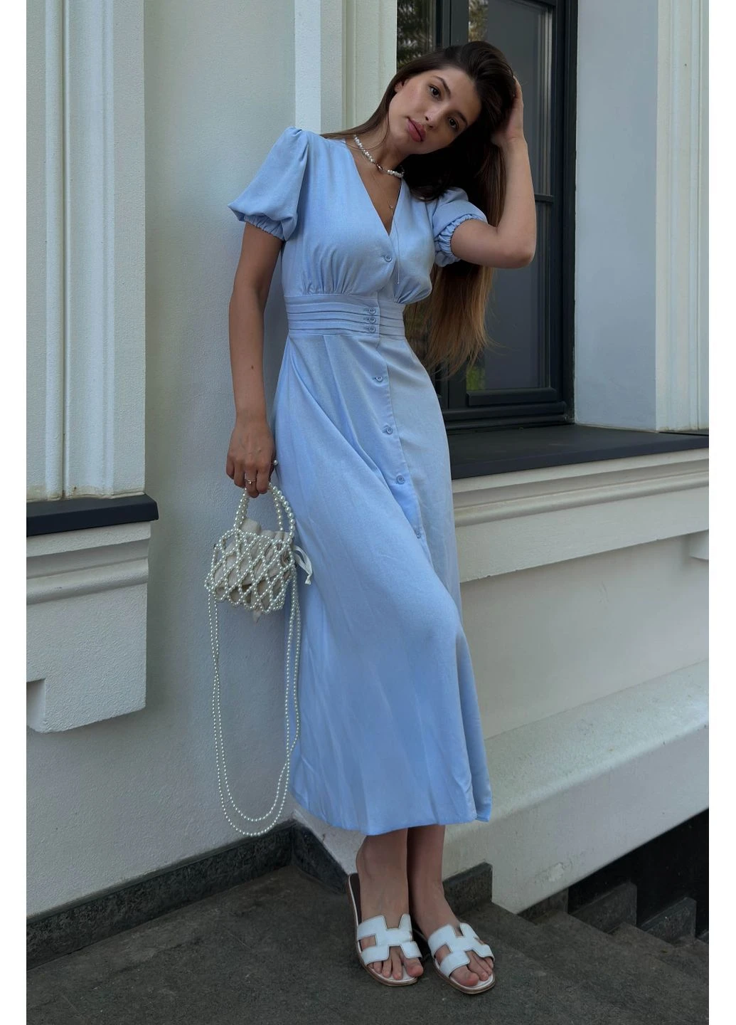 Голубое кэжуал летнее платье из льна Jadone Fashion однотонное