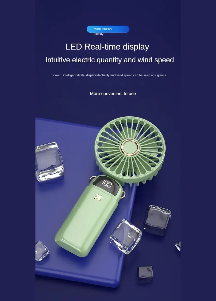 Портативный ручной вентилятор USB, 3000 mAh, 5 скоростей, дисплей, подставка для телефона, зеленый STF (347587215)