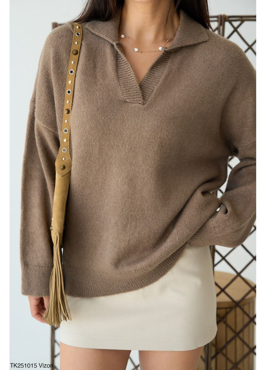 Бежевый демисезонный женский вязаный свитер с воротником-поло No Brand