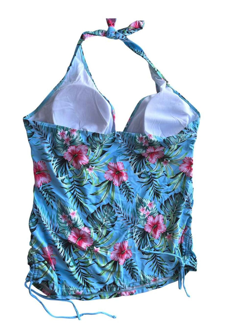 Блакитний літній купальник жіночий танкіні плавки + топ блакитний із квітами великий розмір трікіні, роздільний, танкіні No Brand 5052
