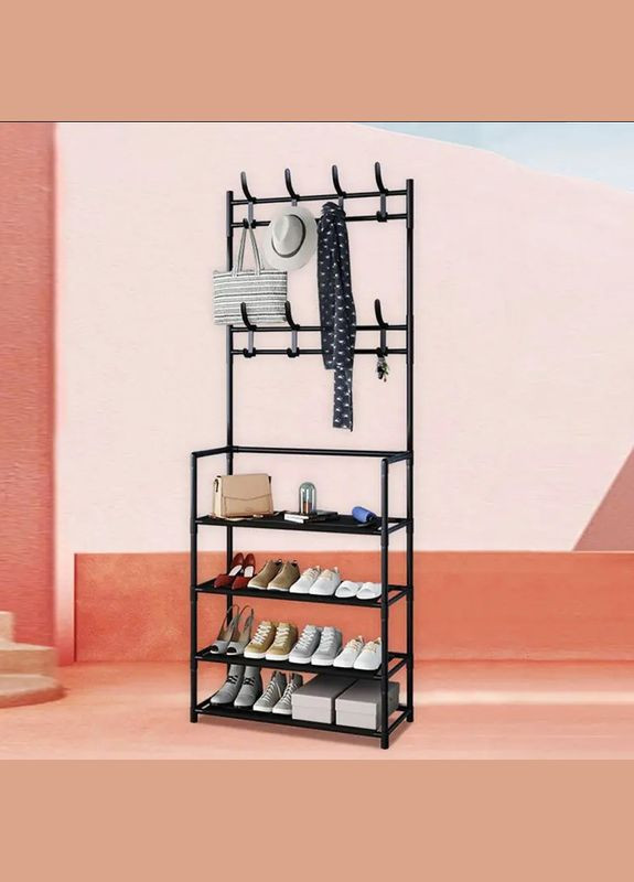Практическая вешалка для одежды с полками для обуви и крючками, стойка для вещей стеллаж, Черная No Brand (303724689)
