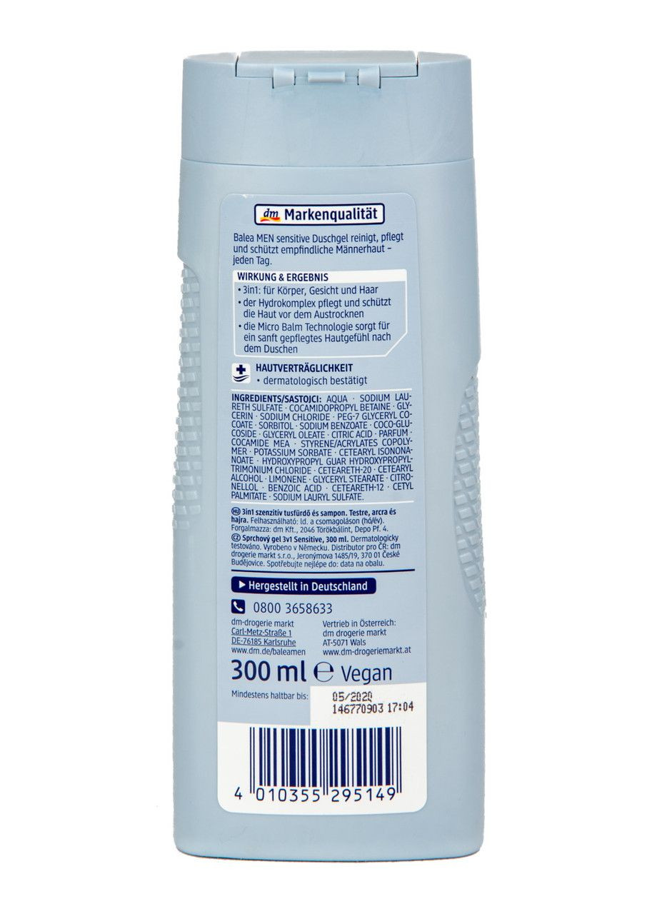 Гель для душу+шампунь MEN 3в1 Sensitive 300 мл Balea (351358441)