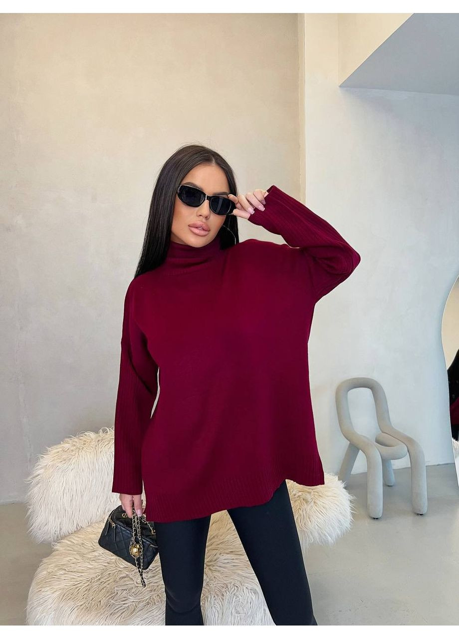 Бордовый демисезонный удлиненный oversize светр с горловиной — замер в описании DK/DL Мода без кордонів