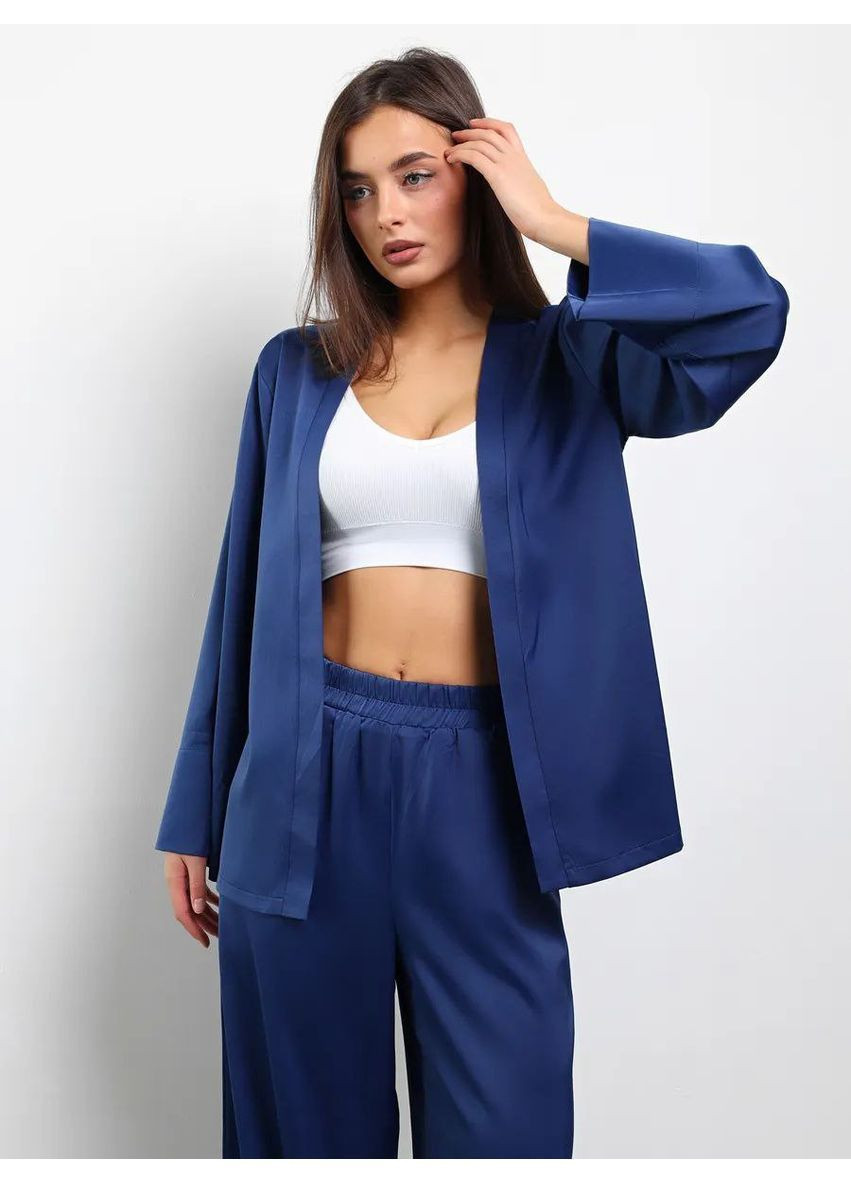 Синя всесезон піжама атласна kimono ( кімоно ) жіночий домашній піжамний комплект у класичному стилі сорочка штани сорочка + брюки No Brand Піжама атласна з штанами Кімоно синя