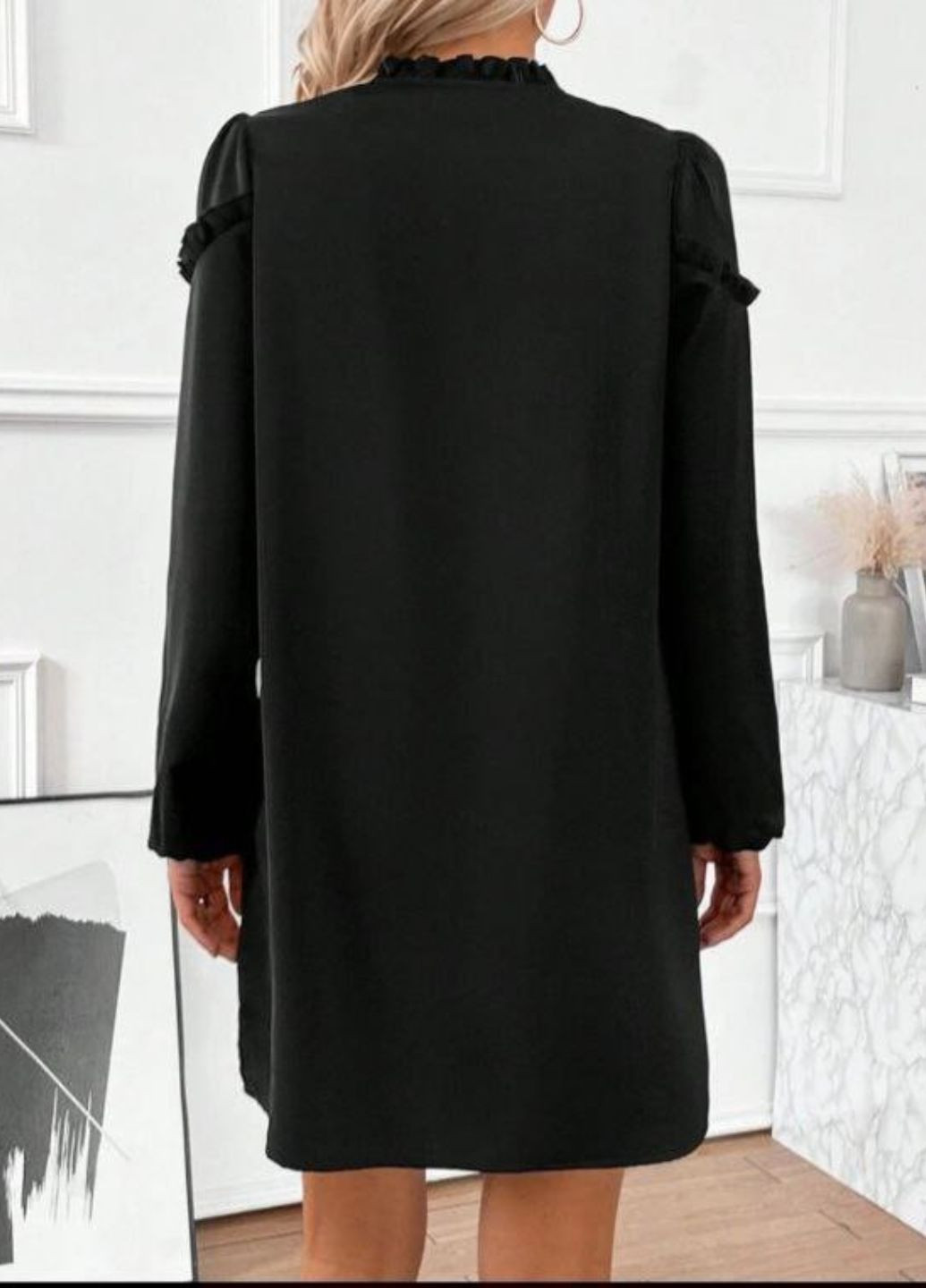 Черное повседневный платье свободного кроя с рюшами рубашка Tik-Tak однотонное