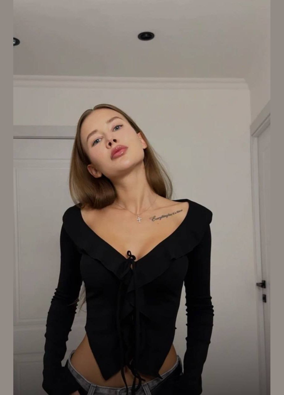 Топ жіночий трендовий, чорний з довгим рукавом та зав'язками спереду, стильний та елегантний, розмір 42-46 No Brand 367-1 (322815134)