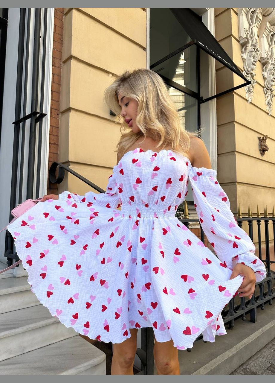 Білий ніжна біла сукня з червоними серцями з натурального якісного мусліну, легка літня сукня з відкритими плечима No Brand сердечка