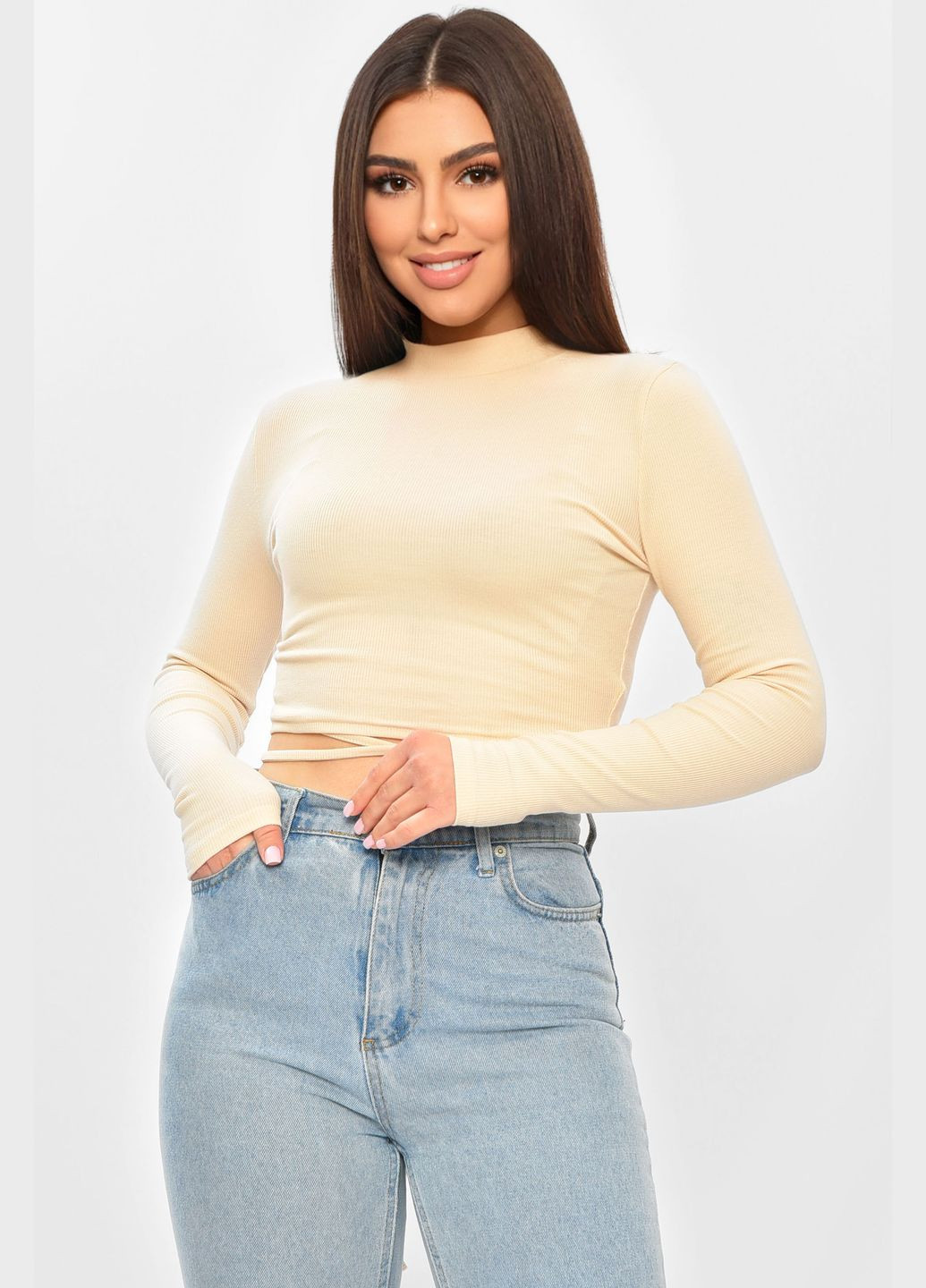 Кофта жіноча однотонна в рубчик бежевого кольору Let's Shop (331288291)